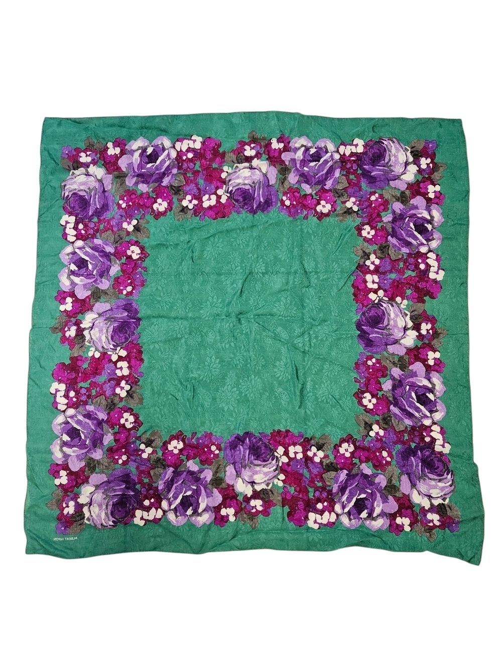 VINTAGE Albert Nipon 100% Silk Green & Purple Floral Square Scarf 35"x35" Japan
